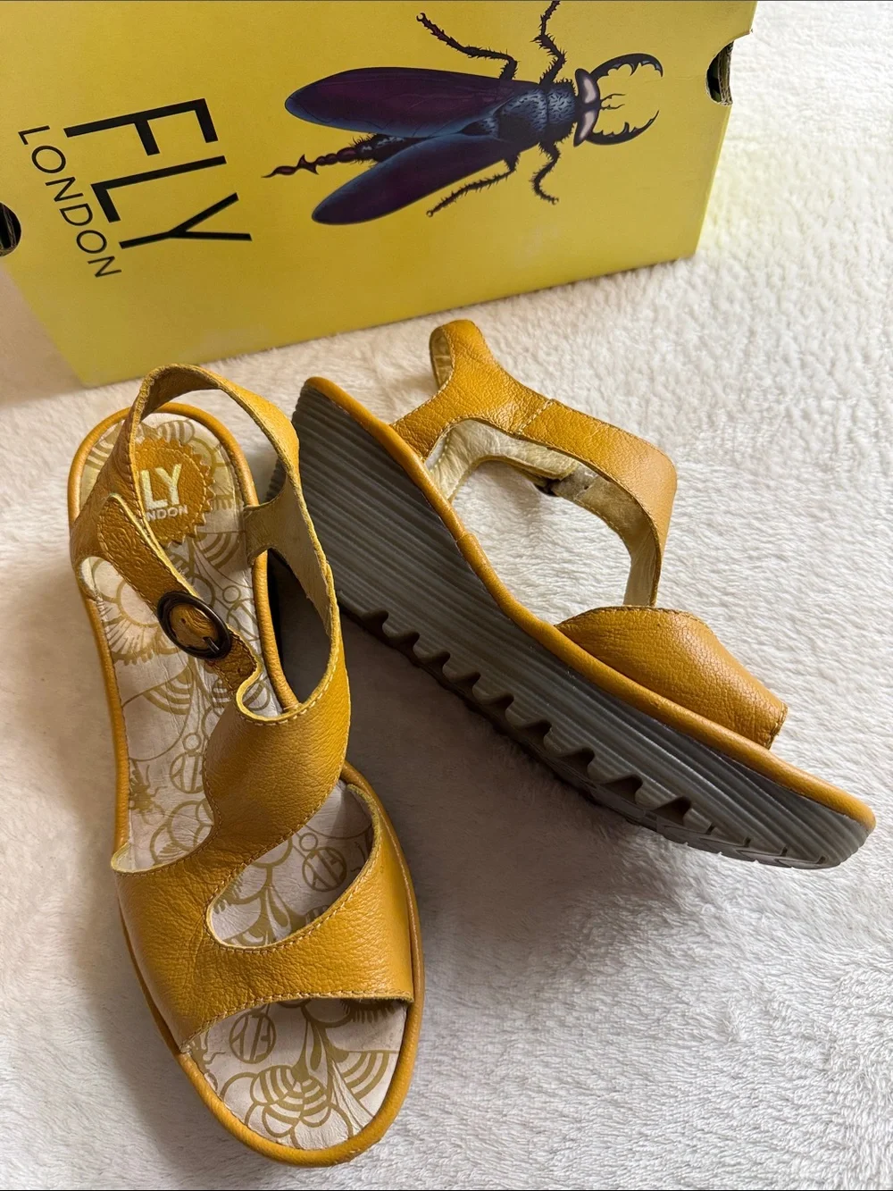 FLY London Yanca Mustard Yellow Leather Wedge Sandals Size US 8.5